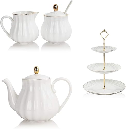 SWEEJAR Soporte de cerámica para pasteles de 3 niveles y juego de azúcar y crema de cerámica,