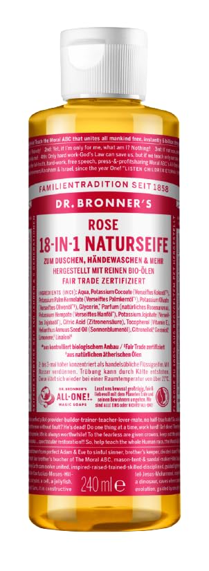 Dr. Bronner's Jabón natural 18 en 1, jabón líquido orgánico, con aroma de rosa natural, gel de ducha, jabón de manos, champú y mucho más, con aceite de coco, oliva y jojoba orgánicos, 240 ml