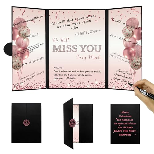 DARUNAXY Rose Gold Farewell Party Decorations for Women, We Will Miss You Very Much Alternative Signature Guest Book Girls Going Away Gifts Signing Card Board for Retirement Graduation Party Supplies