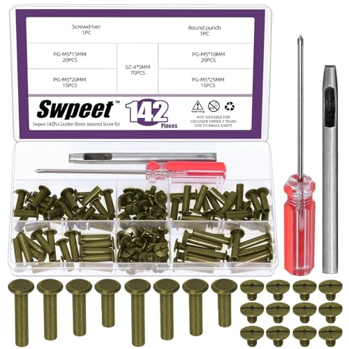Swpeet 70 Set 4 Sizes M5 x 15mm/18mm/20mm/25mm Bronze Leather Rivets Chicago Binding Screws with Install Tools Assortment Kit, Screw Rivets M5 Chicago Binding Screws for Repair Leather