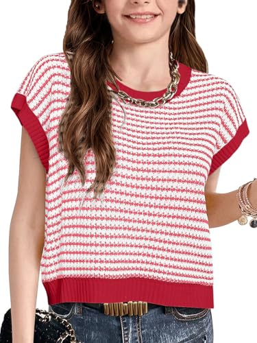 Seiciviy Girls Summer Fall Cute Tops School Picture Day Teen Tween Sweater Vest Striped Short Sleeve Trendy Knit Vest Red