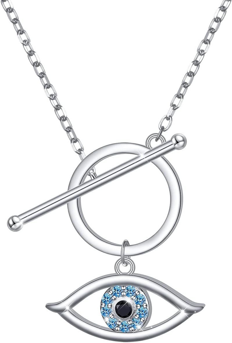 AlphmS925 Sterling Silver Toggle Evil Eye loop Necklace Pendant for Women Jewelry Girl