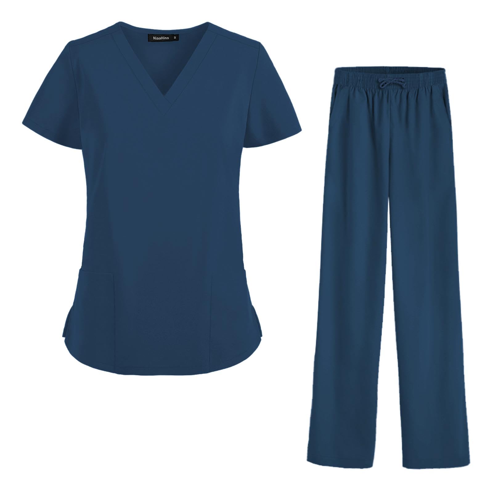 Oshhni Frauen Scrubs Sets Arbeitskleidung Kleidung Dünne Krankenpflegeuniformen Set Kurzarm für Skin Manage Cosmetology Beauty Spa Center, Marine, xxL