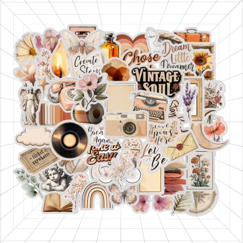 Image of Vintage Aesthetic Scrapbook Sticker Pack of 60 for Journaling and DIY Crafts Retro Boho Floral Butterfly Camera Typewriter Collage Decorative Stickers for Diary Planner Laptop