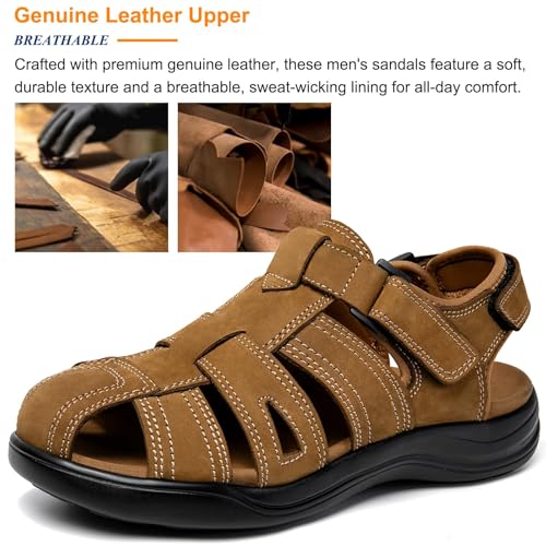 Image of Men's Sport Sandals Closed Toe Leather Hiking Athletic Walking Outdoor Beach Trail River Fishing Water Shoes Lightweight Comfortable Waterproof