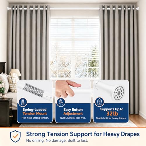 Image of ALLZONE Tension Curtain Rod for Window, 2 Pack 83-123 Inches, Heavy Duty Curtain Rods No Drilling, Non-Slip Bathroom Shower Tension Rod, Renter Friendly, Adjustable, Spring Loaded, Extra Long, White