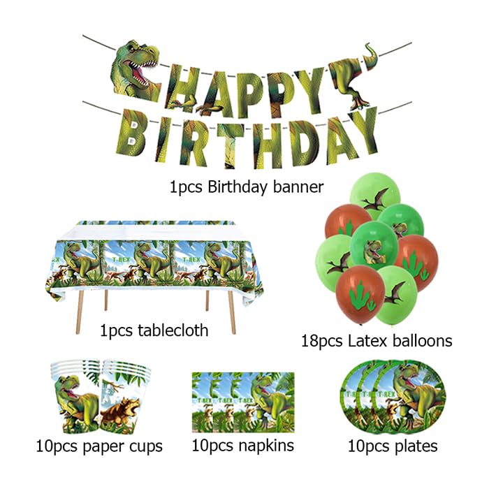 Decorazione Compleanno Dinosauri: 18 Palloncini + 10 Piatti + 10 Tazze + 10 Tovaglioli + 1 Tovaglia + 1 Festone, Kit Compleanno Dinosauri, Verde, Unisex Adulti