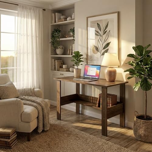 Image of Linea Study Desk with Lower Storage Shelf, Compact Writing Table & Laptop Station for Home Office and Students, 90x50x75cm (Oak Brown)