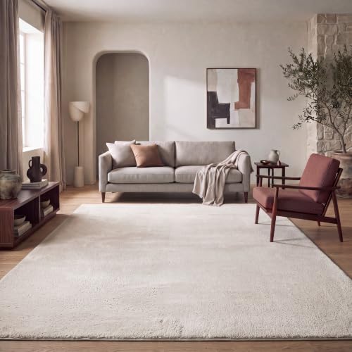 Paco Home Teppich Wohnzimmer Schlafzimmer Kurzflor Waschbar Einfarbiges Muster Flauschig Weich rutschfest Moderne Deko, Grösse:200 cm Quadrat, Farbe:Creme
