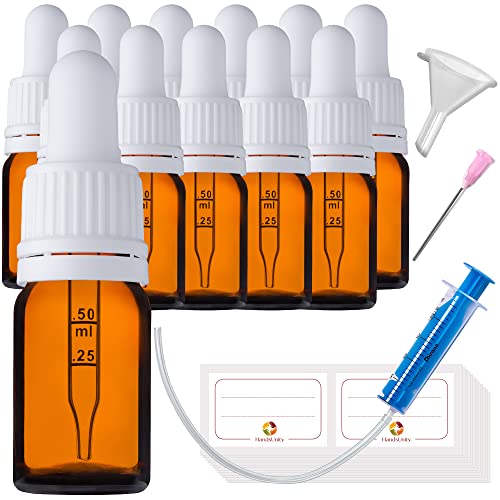 HandsUnity 5ml-12Stk Pipette Glasflasche - Bernsteinglas-Apothekenglas-Set mit weißem Pipettenverschluss inkl. 29 Stück Hilfsmittel Braunglasflaschen Cover