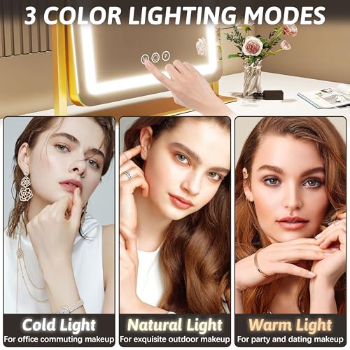 FENNIO Vanity Mirror with Lights 22 Inch- LED Lighted Makeup Mirror,Large Makeup Mirror with Lights,Touch Screen with 3-Color Lighting,Led Mirror Makeup,Dimmable(Gold)