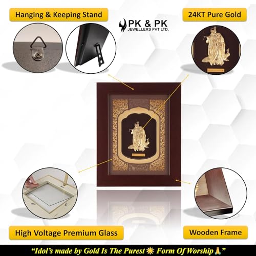 Image of Pk & Pk Jewellers Radhe Krishna 24kt Pure Gold Art Frame - Beautiful Artwork For Home Decor - Rectangular God Photo Frame, Golden Wall Frame (20 x 25 Cm), Well-Crafted Multicolour Frame For Decor