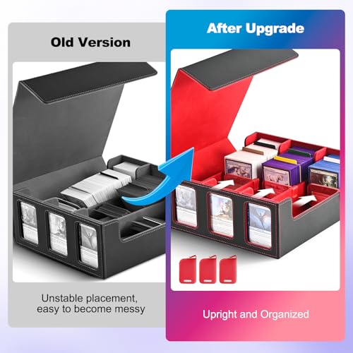 Image of UAONO Card Storage Box for Trading Cards, 1800+ Commander Deck Box for MTG with Display Window, Toploader Card Case fits Magic TCG PTCG Sports Cards; 10 Removable Divider, 3 Stoppers (Black, Red)