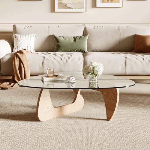 Modern Coffee Table for Living Room and Small Spaces, 43.3″ x 29.5″ x 15.8″ Triangle Tempered Glass Table Top and Eco-Friendly MDF Base, Natural Wood
