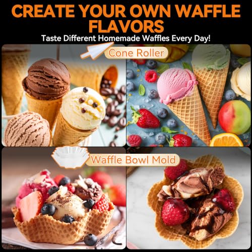 Image of Baker's Friend Waffle Cone Maker Machine with Browning Control, 7.5 inch Ice Cream Cone Maker, Cone Roller & Bowl Press Included,Thin Waffle Maker Crispy, Nonstick Waffle Bowl Maker,Graphite