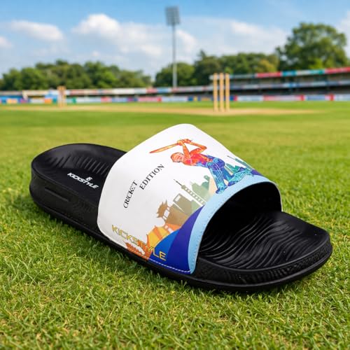 Image of Men's Cricket Edition Printed Sliders | Lightweight EVA Cushioned Slip-On Flip Flops | Anti-Skid Casual Bathroom, Home & Outdoor Sandals for Boys & Men