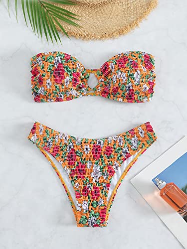 WDIRARA Women's Strapless Bandeau Smocked 2 Piece Swimsuit Floral Print O Ring Cheeky Bottom Bikini Set Bathing Suit Multicolor XL - Image 6