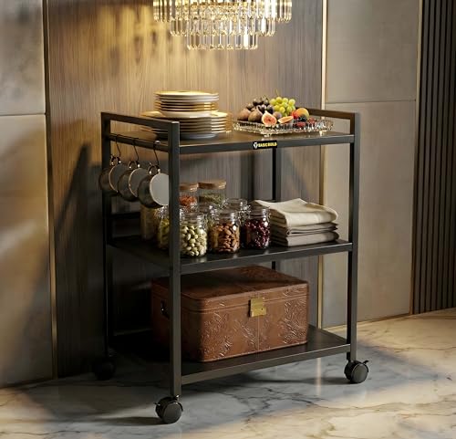 Image of Heavy Duty 3 Tier Microwave Oven Stand for Kitchen | Multi-Purpose Metal Rack with Wheels | Storage Organizer for Oven, OTG, Air Fryer, Printer, and Appliances (Black)