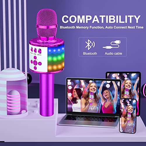 Bonaok Wireless Bluetooth Karaoke Microphone With Controllable Led Lights, 4-In-1 Portable Handheld Mic Speaker For All Smartphones, Birthday For Kids Adults All Age Q78(Purple) #TOP4