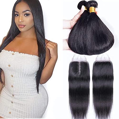 Straight Brésiliens En Lot Avec Closure Tissage Naturel Cheveux Humain Naturel Brésilienne (10 12 14 + 10 ) Straight Bundles With Closure Pre-Plucked And Baby Hair Natural Black By Zealady Cover