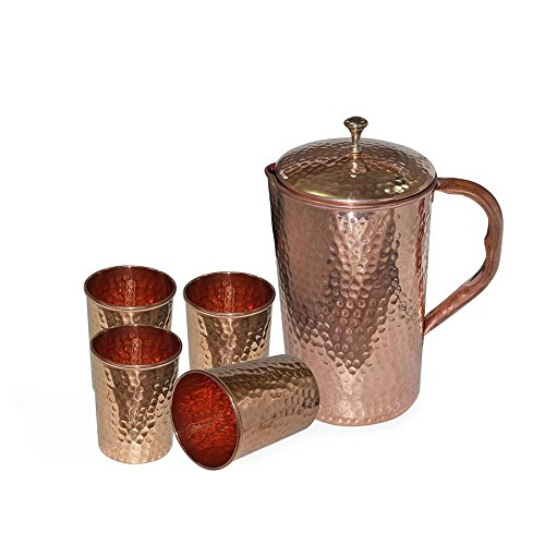 Indian Pure Copper Hammered Jug with 4 Tumbler Glass Set for Ayurvedic Healing