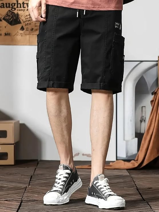 Image of Men's 100% Pure Cotton Cargo Shorts | Regular Fit Knee Length Utility Shorts with Multiple Pockets | Casual Outdoor Summer Wear Shorts for Men