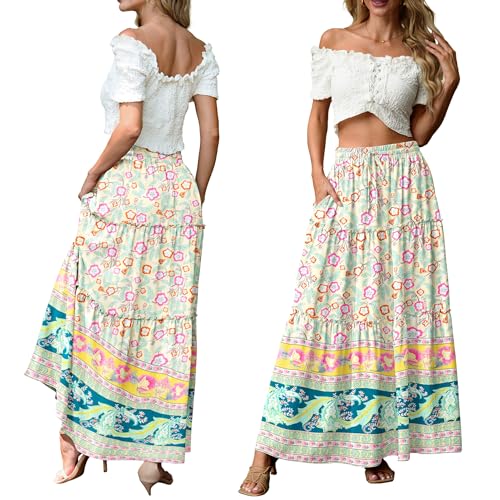 Image of Lepunuo Womens Casual Boho High Waisted Flowy Maxi Skirts Tiered Floral Long Skirts with Pockets for Summer Beach Vacation