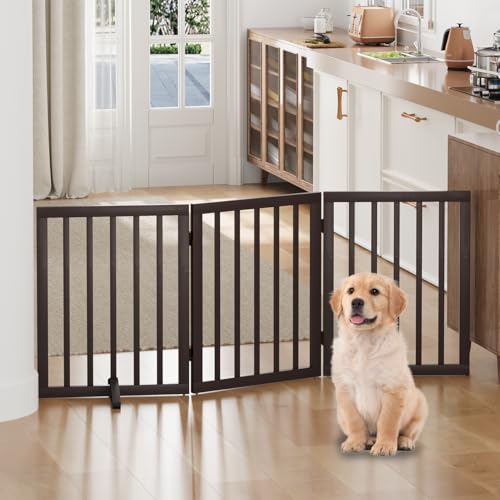 Dog Gates for Doorways, Foldable Dog Gate Indoor, Freestanding Pet Gates for Doorways Bedroom, Puppy Gate with Metal Support Feet, Room Divider 3 Panels (Brown)