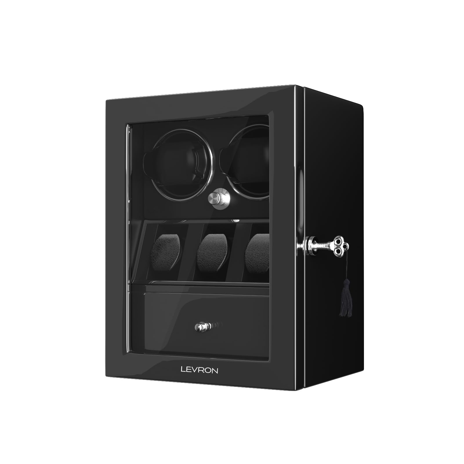 LEVRON Automatic Watch Winder Chronos 2+3 | Premium Piano Black Finish, Display Case, Lockable Window, Rotation Modes, LED Light, Flexible Pillows, 5-Slot Capacity, Quiet Japanese Motors