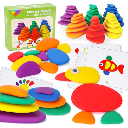 GiddyGlow Puzzles Jigsaw for Boy Girl Age 3: Montessori Toys for 3 4 5 Year Old Kids Toddlers Preschool Learning Toys Gift for Boy Age 3-6 Imitation Pebble Stacking Education Toy