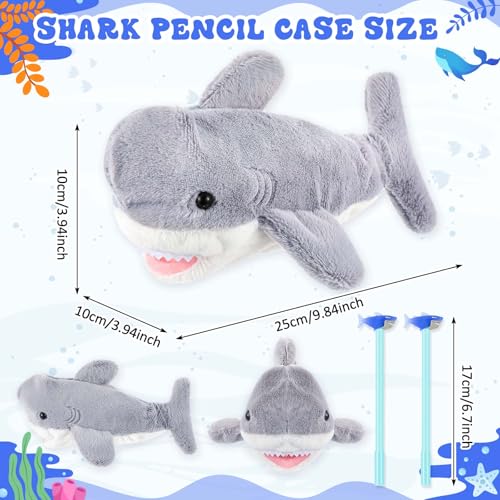 Image of 3 Pcs Grey Shark Pencil Pouch for Kids 3D Plush Animal Pencil Case with 2 Fun Pencils & 1 Soft Stationery Bag Ideal Birthday Gift for Boys and Girls, Back to School Supplies