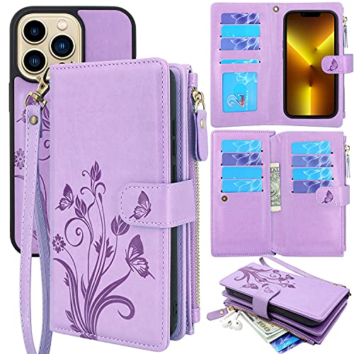 Lacass Compatible with iPhone 13 Pro 6.1 inch 2021 Case [Card Slots] ID Credit Cash Holder Holder Zipper Pocket Detachable Magnet Leather Wallet Cover Wrist Strap Lanyard (Butterfly Light Purple)