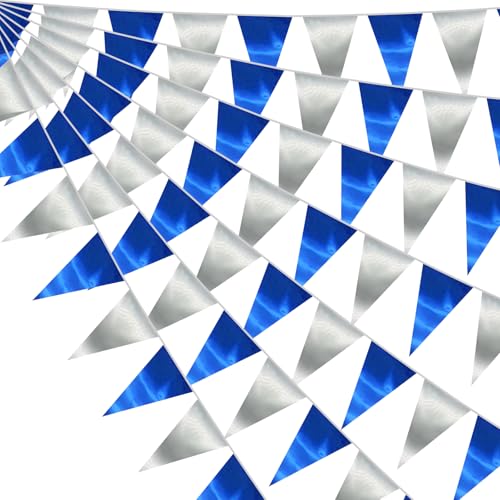 Image of 130FT Navy Blue Silver Triangle Pennant Banner Flag Metallic Fabric Bunting Garland for Christmas Graduation Birthday Wedding Bridal Shower Nautical Ahoy Achor Theme Party Decorations Supplies