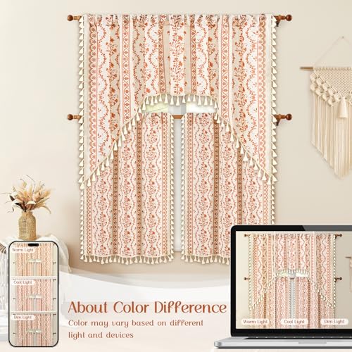 Image of Yinhua Boho Swag Valance Curtains Vintage Linen Valances for Windows Light Filtering Floral Kitchen Valance Rod Pocket Rustic Tassel Window Valances for Bathroom Cafe, 60 inch W x 36 inch L, White Orange