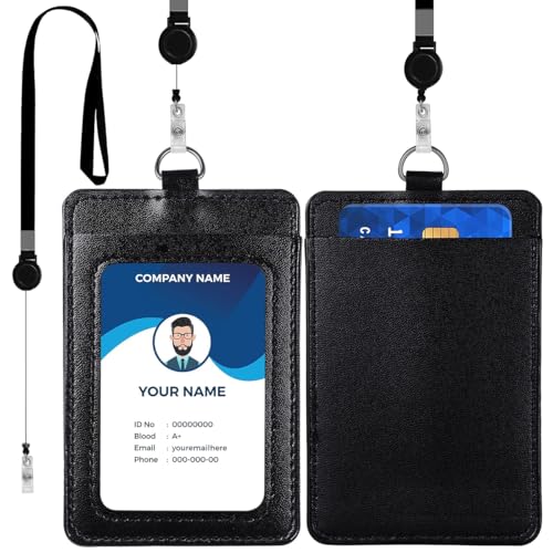 Badge Holders 2Pcs Vertical PU Leather ID Card Holders with 2 Cards Slot Detachable Neck Strap Lanyard Retractable Reel Card Protectors For Work Student Business Employee Office Driver License Pass