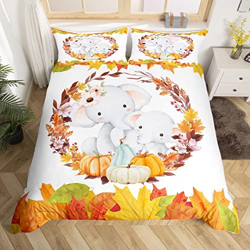 Erosebridal Kawaii Elefant Tröster Bezug Herbst Betten Sets Niedliche Tier Bettbezug Queen Rot Grün Gold Blattdruck Bettwäsche Set Rosa Kirschblüten Home Decor mit 2 Kissenbezügen Weich Cover