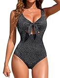 Blooming Jelly Womens One Piece Swimsuit Tummy Control Shimmer Textured Bathing Suit Tie Knot Cutout U Back Slimming Swimwear 2026 (S, Black)