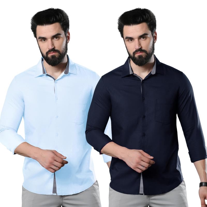 Image of PinkMint Combo of Men Casual Cotton Full Sleeves Formal Regular Slim Fit Plain Office Shirts