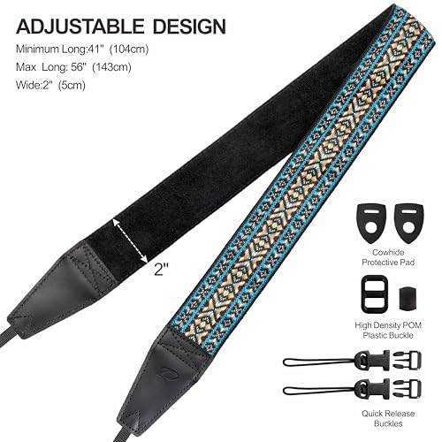 Image of Padwa Lifestyle Boho Blue Camera Strap - 2 inch Full Grain Leather Ends Camera Straps for Photographers, Vintage Embroidered Cotton Weave Soft Suede Fabric Padded Strap Quick Release fits All Cameras