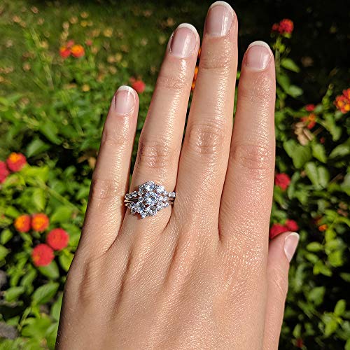 TwoBirch Floral Design Off Center Ring Guard and Engagement Ring Bridal Set (2 Rings) Diamond Simulant White Gold3