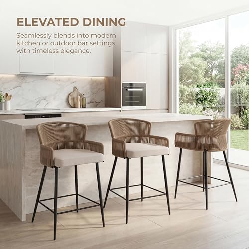 Image of HNY Farmhouse Woven Bar Stools Set of 4, 26 Inch Linen Upholstered Rattan Barstools with Curved Backs, Modern Cane Counter Height Bar Chairs with Metal Legs and Armrest for Kitchen Island, Beige