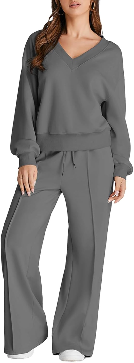 Herseas Women 2 Piece Outfits Sweatsuit 2025 Fall Casual V Neck Sweatshirt with Wide Leg Sweatpants Tracksuit Lounge Set