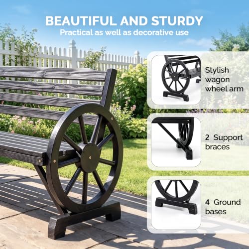 Image of VINGLI Rustic Wooden Wheel Bench Outdoor Bench, Patio Bench Wagon Slatted Seat, Garden Benches for Outdoors 350lbs High Capacity, Weather Resistance (Black, 55in)