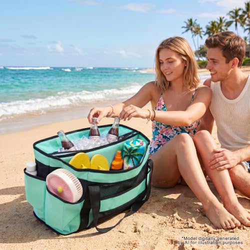 MYDAYS Beach Cooler Bag with Insulated Compartment, Large Mesh Beach Tote Bags Waterproof Sandproof, XL Pool Bag for Men Women, 2-in-1 Travel Vacation Essentials with Wet Pocket & Towel Holder (Green) - image 7