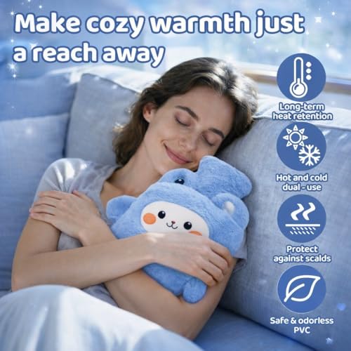 Image of Bunny Hot Water Bottle with Plush Cover & Hand Warmer Pocket 1000ML Leak-Proof Heating Bag for Pain Relief & Period Cramps, Hot & Cold Therapy for Injury, Back & Joint Pain, Muscle Relaxation (Baby Blue)