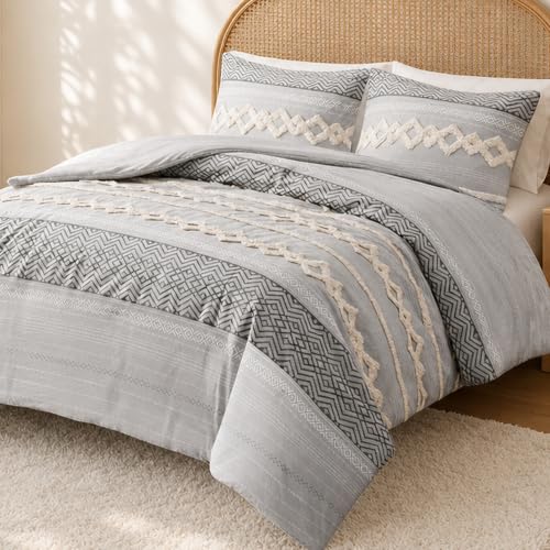 Image of Hyde Lane Boho Queen Comforter Set - 3-Piece Shabby Chic Bedding Sets, Farmhouse Bed Comforter with 2 Pillow Shams, All Season Cotton Top, Gray Tufted Pom Pom