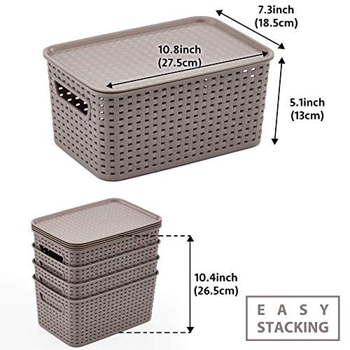 Ezoware Set Of 4 Lidded Storage Bins, Small Plastic Stackable Weaving Wicker Organizing Baskets Boxes Containers With Lids And Handle, 11 X 7.3 X 5.1 Inch #TOP1