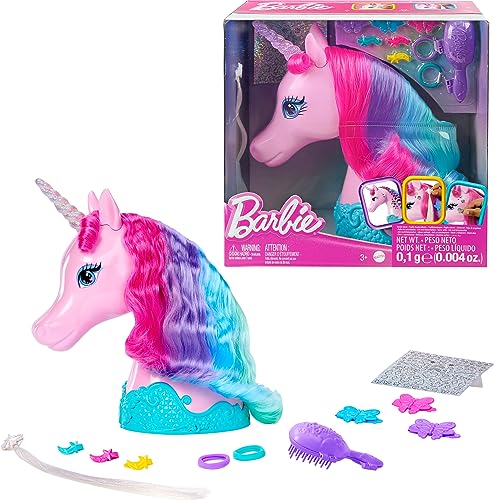 Barbie - Juguetes de Unicornio para peinar con Melena Colorida de Pelo de fantasía, Accesorios de Peinado y Pegatinas Brillantes