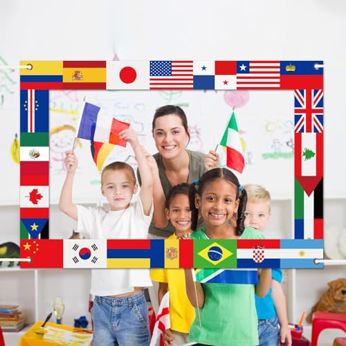 Fabric International Flag Photo Prop World Flags Photo Booth Frame International Welcome Photography Backdrop Around The World Background for Country Sports Events Party Favors Decor 62 x 42Inch - Image 3