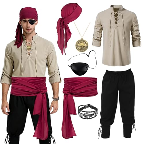 Formemory Pirate Costume Men Adult Set Pirate Costume with Headscarf Sash Necklace Bracelet Eye Patch for Halloween Cosplay Party Fancy Dress Men